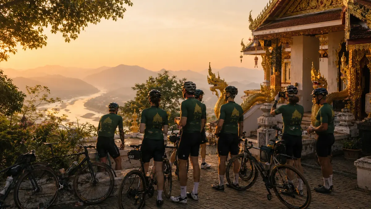 นักปั่นแวะชมวิวแม่น้ำโขงที่ลานวัดล้านนายามพระอาทิตย์ขึ้น